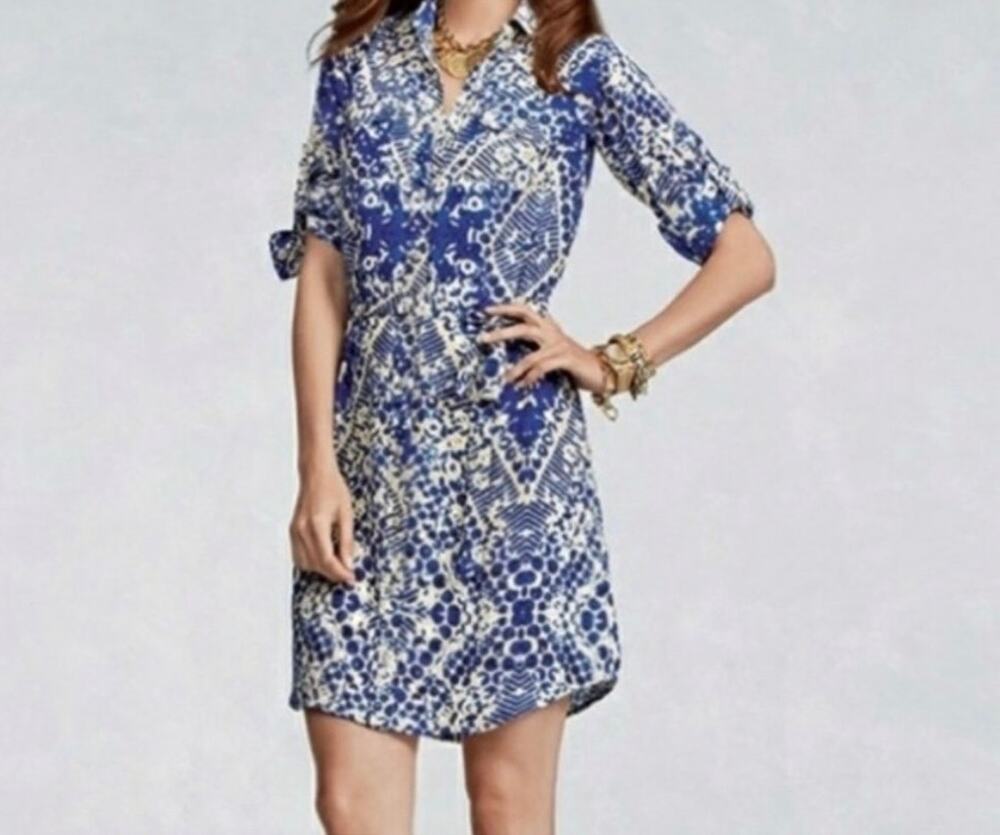 Cabi Blue Jewel Print Button Up Shirt Dress XS Style 422 100% Polyester